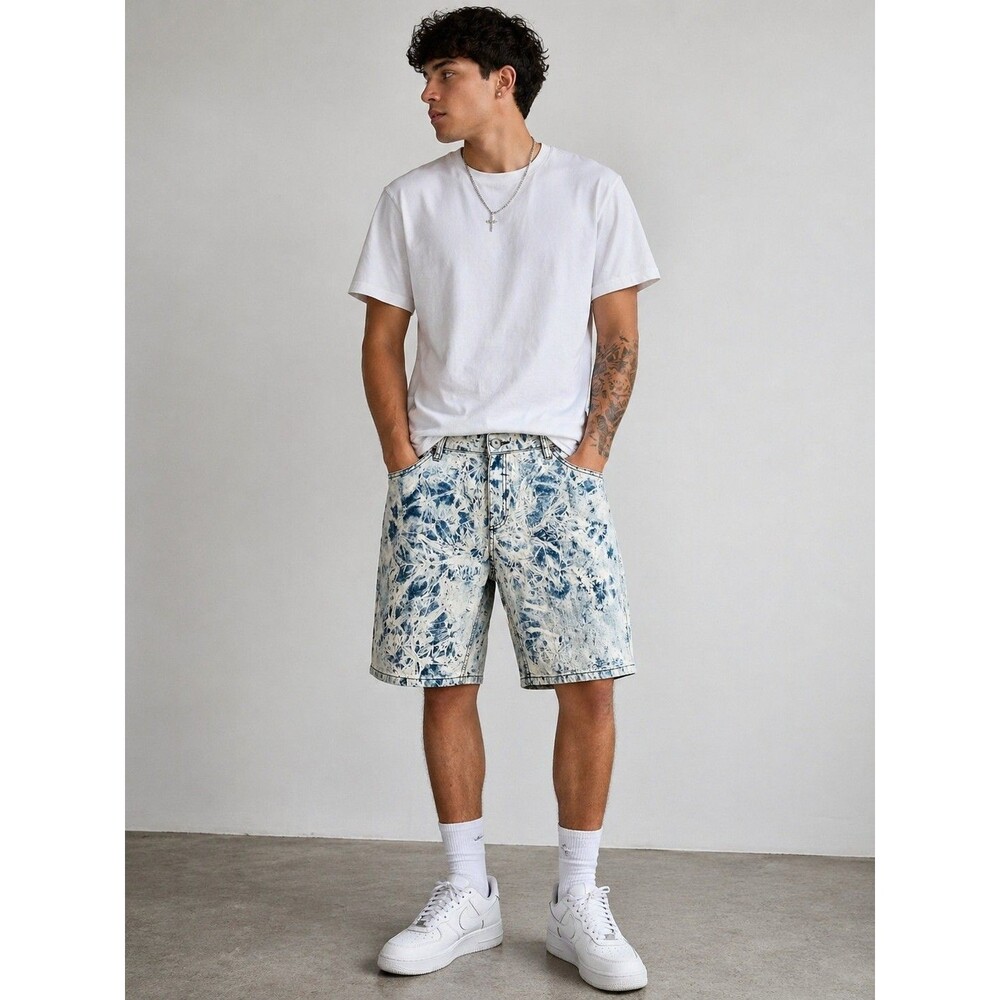 City Street Denim Shorts Mens 19 Distressed Denim Bleach Tie Dye Streetwear Jean